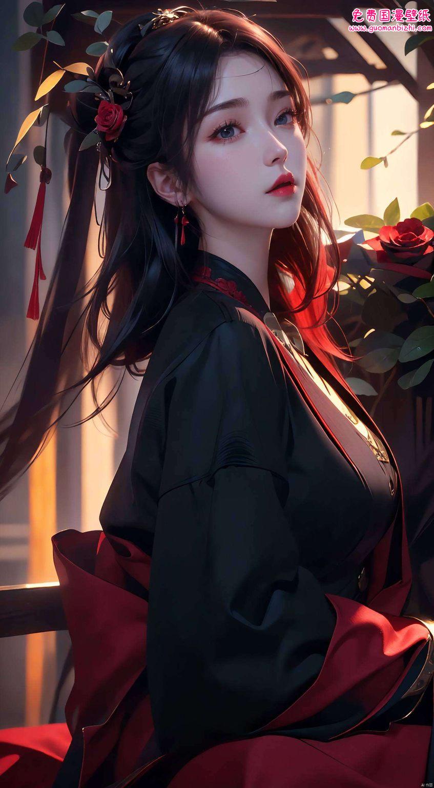 云韵动态壁纸：AI生成护眼壁纸，IPad背景图片中的黑衣服美女风采