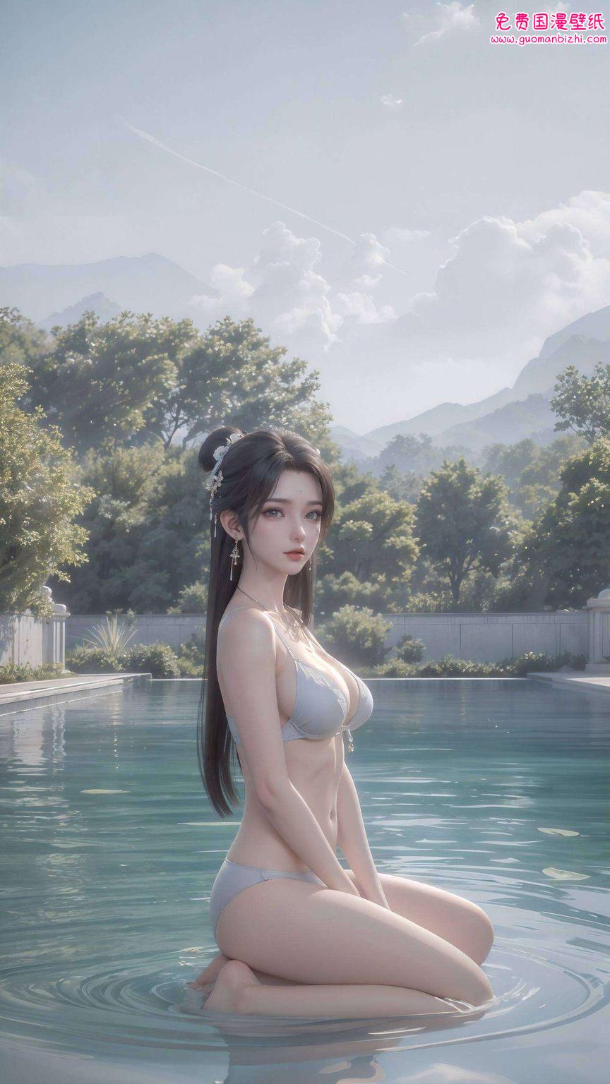 AI素材AIGC免费壁纸下载——苹果古风清漪沐浴裸妆之美